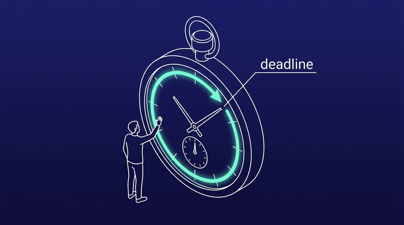 Draadmodel-stopwatch met mintkleurige voortgangsboog richting het label deadline