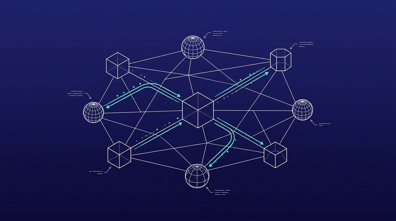 Wireframe-netwerk van knooppunten met één groter ankerknooppunt en turquoise pulslijnen, als beeld voor AI die bij één plek in de organisatie belegd is