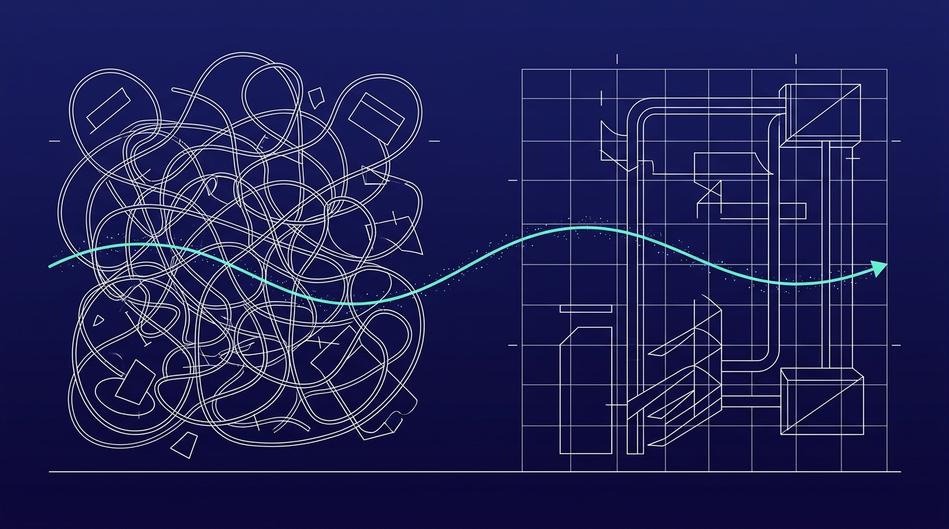 Wireframe-diptiek: links een rommelig proces dat alleen versneld is, rechts hetzelfde proces opnieuw opgezet met AI als uitgangspunt.