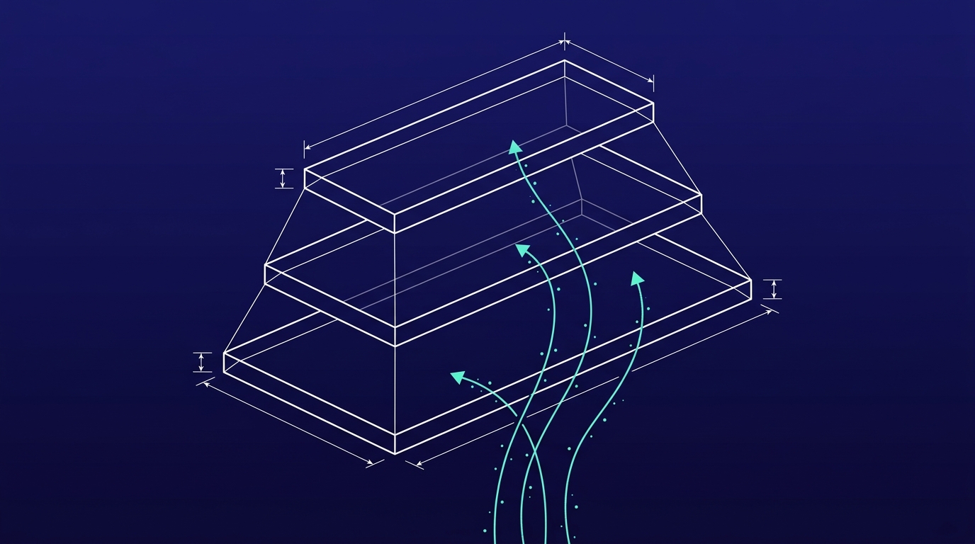 Wireframe-blauwdruk van drie gestapelde lagen met divergerende turquoise stromen, als beeld voor Microsoft Copilot als laag binnen Microsoft 365