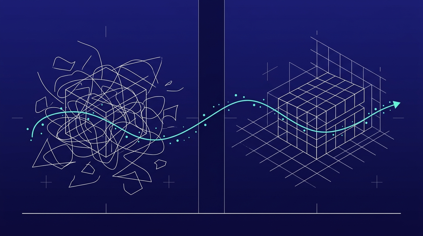 Wireframe-diptiek in twee panelen: een warrige, chaotische staat links die rechts verandert in een geordend raster, met een turquoise stroom ertussen.