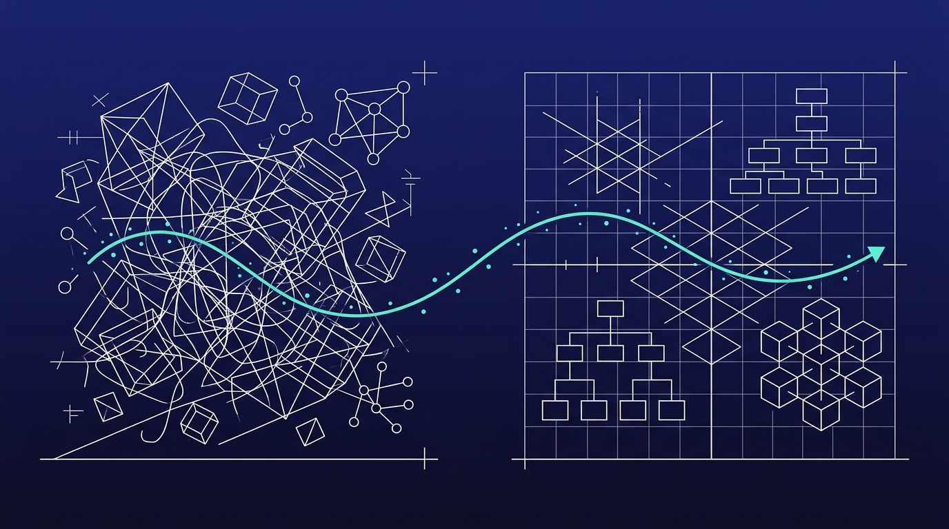 Wireframe-diptiek: links een wirwar van losse lijnen, rechts een geordend raster, met een turquoise stroom die van links naar rechts loopt