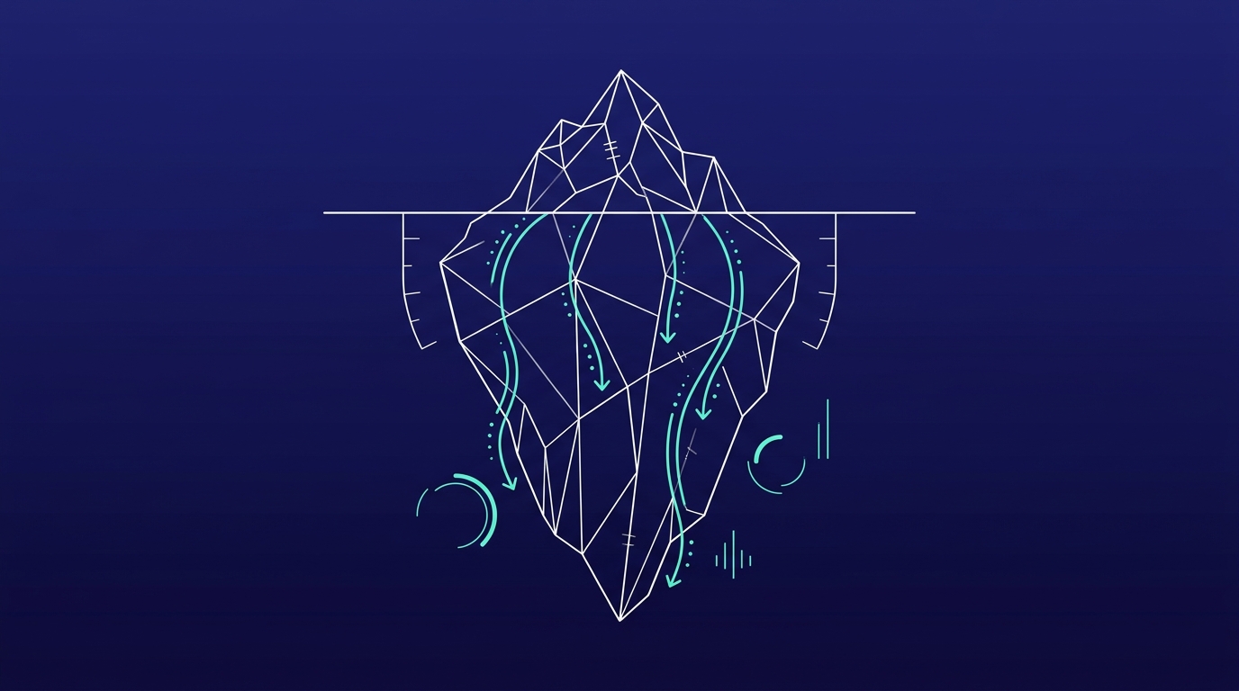 Wireframe-ijsberg met een kleine zichtbare top boven de waterlijn en een veel groter verborgen deel eronder, als beeld voor de zichtbare en verborgen kosten van open source AI