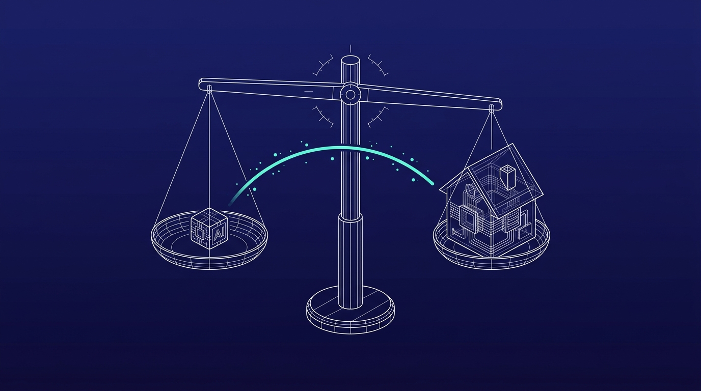 Wireframe-weegschaal die een klein object afweegt tegen een wireframe-huis, als beeld voor de afweging tussen een gesloten AI-tool en je data in eigen huis