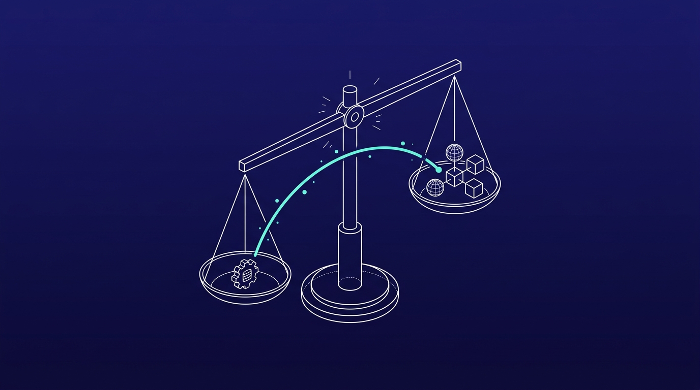Wireframe weegschaal die twee processen tegen elkaar afweegt op tijdwinst en haalbaarheid